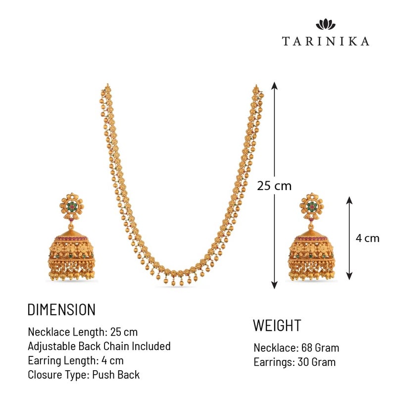 TARINIKA Antique Gold Plated Indian Long Necklace Set for Women with Jhumka, Dangle, Drop Earring Brass Traditional Wedding Desi Jewelry CZ Gemstone Bridal Necklace (Dara Antique) - Image 5